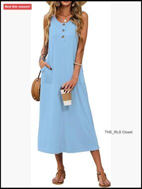 Rayon Spandex Midi Dress Sleeveless Button Front Pockets Casual